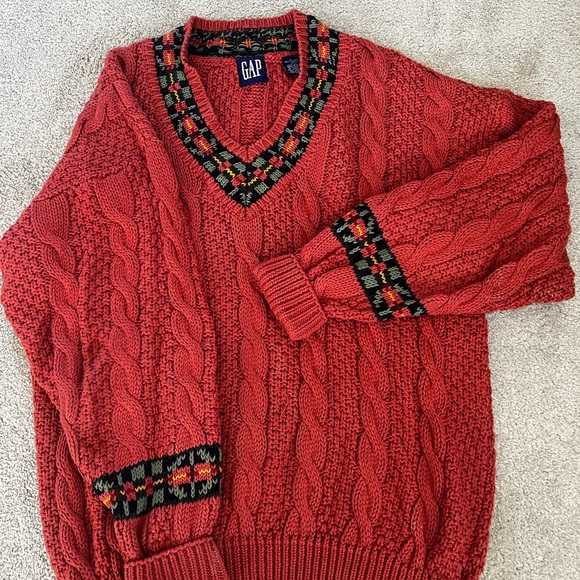 90s GAP Chunky Cable Knit Patterned Pullover V-Neck Sweater - Picture 2 of 3